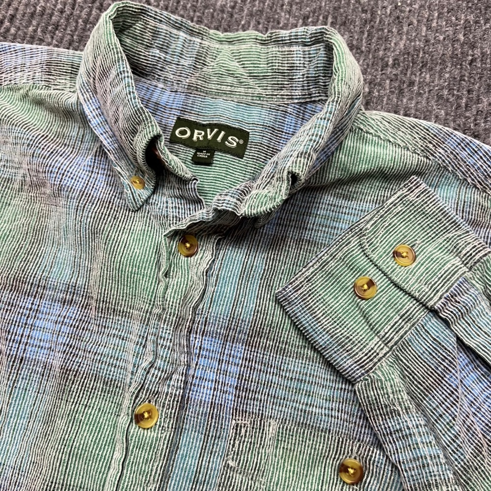 Orvis Mens Corduroy Plaid Button Down Shirt Green Blue Long Sleeve Medium